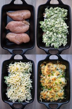 four pans filled with different types of food