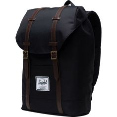 Designed for our daily trips around town, the Herschel Supply Retreat Backpack is a simple, stream-lined backpack with classic rucksack styling and leather straps that give it an old school look. Magnetic closures keep the straps pinned down while also providing easy access to our laptop and daily essentials. Classic Bags For Back To School, Classic School Backpack With Adjustable Strap, Classic Black Backpack For Outdoors, Classic Black Outdoor Backpack, Rucksack Style, School Look, Jungle Green, School Looks, Herschel Supply