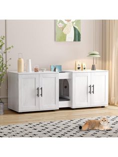 a dog laying on the floor in front of a white cabinet with doors and drawers