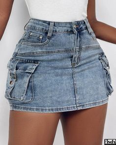 Fisdy - Denim Skirt with Stylish Pocket Detail and Buckle Closure Bougie Outfits, Skirt With Buckle, Denim Maxi Dress, Formal Dress Shops, Denim Crop Top, Skirt Fabric, African Fashion Women Clothing, Denim Chic, Denim Skirt Women