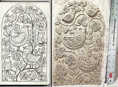 two drawings are shown next to each other, one is decorated with flowers and birds