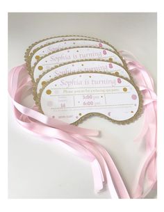 pink and gold birthday party tags with ribbons on white background, set of 4 for sale