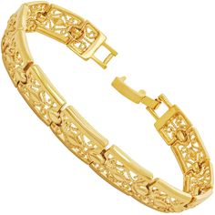 PRICES MAY VARY. This 9mm ( ~ 3/8 inch ) Filigree Bracelet for women is Made to Last with up to 20X more 24 karat gold plating than other electroplated fashion jewelry; This elegant bracelet makes a statement with its intricate and delicate design; Choice of yellow or white gold (rhodium)  Important: The bracelet is not adjustable; Please measure your wrist prior to placing an order; Available in 7 8 and 9 inches; Made in USA since 1987 by a small family run business; Comes in a black velvet pou Lifetime Jewelry, Gold Flower Bracelet, Makeup Images, Filigree Bracelet, 24 Karat Gold, Jewelry Clasps, Elegant Bracelet, Delicate Design, Jewelry Lookbook