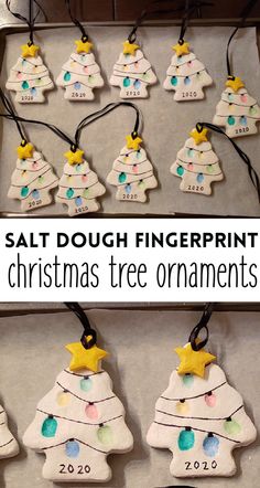 salt dough fingerprint christmas tree ornament is shown in three different pictures and has the words salt dough fingerprint on it