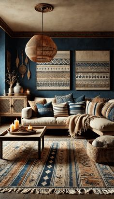 a living room filled with lots of furniture and rugs on top of a wooden floor