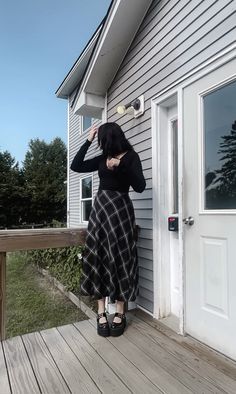 #plaidskirtoutfits #outfitoftheday #alternativefashion #maryjane #preppy #whimsigoth #falloutfitideas Floral Black Skirt Outfit, Goth Midi Skirt Outfit, Alt Church Outfits, Goth Preppy Outfit, Whimsigoth Aesthetic Fashion, Plaid Maxi Skirt Outfit, Plaid Midi Skirt Outfit, Plaid Skirt Aesthetic, Black Lace Skirt Outfit