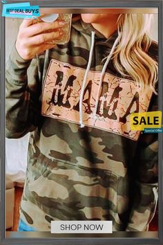 Camouflage Floral-print Long Sleeve Cotton-blend Hoodie Sweatshirt Mama Hoodie, Camouflage Hoodie, Camo Hoodie, Printed Drawstring, Drawstring Hoodie, Printed Sleeves, Camo Print, Black Skinnies, Casual Sweatshirt