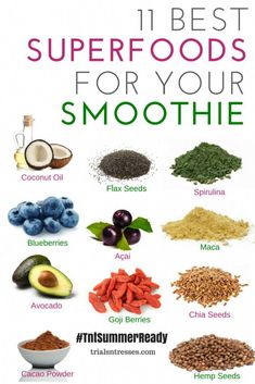 During our TNT Summer Ready Challenge we're adding a superfood boost to our smoothies, so heres the 11 best superfoods to add to your smoothie. Best Superfoods, Superfood Recipes, Low Carb Dessert, Superfood Smoothie, Good Smoothies, Detox Smoothie, Healthy Smoothies, Superfoods, Blueberries