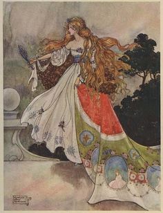 an illustration of a woman with long hair in a dress holding a broom and looking down at the ground