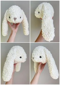 four pictures of the same stuffed animal being held up to show how it looks like