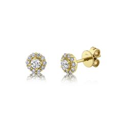 Beautiful stud earrings with a diamond halo. Yellow Gold Diamond Cluster Earrings With Halo, Cluster Halo Setting Fine Jewelry Earrings, Fine Jewelry Cluster Earrings With Halo Setting, Yellow Gold Cluster Earrings With Halo Setting, Fine Jewelry Yellow Gold Cluster Earrings With Halo Design, Diamond Stud Earring, Stackable Bands, Diamond Stud, Diamond Halo