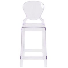 a clear plastic bar stool with an open back and seat cushion on the bottom, viewed from the front