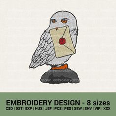 an embroidery design of an owl holding a letter in it's beak, with the words embroidery design - 8 sizes