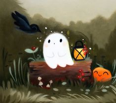 a painting of two ghost sitting on a log in the woods