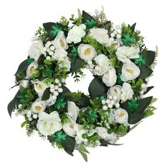 a wreath with white flowers and green leaves