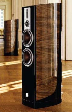 a pair of speakers sitting on top of a hard wood floor next to columns in a room