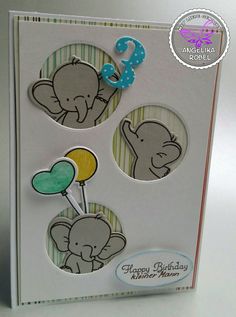 an elephant birthday card with balloons on it