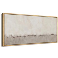 an abstract painting with white and grey colors on the wall, framed in wood frame