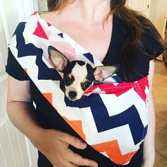 a woman holding a small dog wrapped in a colorful chevron blanket on her back