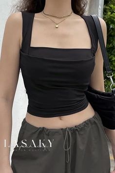 Lasaky - Chic Monochromatic Bustier Crop Top and Skinny Long Pants Ensemble Low Cut Crop Top, Elegant Tank Tops, Y2k Pattern, Summer Vest, Black Crop Top Tank, Slim Fit Top, Top Streetwear, Cropped Tops, Summer Chic