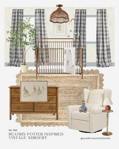 a baby's room is shown with furniture and decor in shades of blue, beige, and white