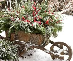 a wooden wheelbarrow filled with evergreens and red berries in the winter snow