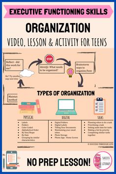 Life Skills Activities For Middle Schoolers, Executive Functioning Strategies High School, Organization Activities For Students, Organization Skills For Students, Executive Functioning High School, Executive Functioning Adults, Life Skills For Middle Schoolers, Executive Functioning Lessons