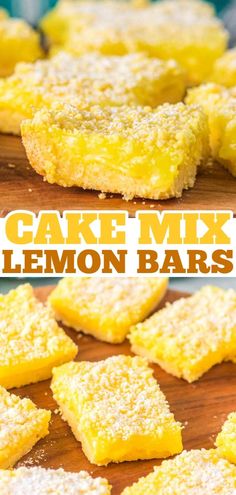 lemon bars with sugar on top and the words cake mix for lemon bars above them