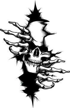 a black and white drawing of a skull with claws coming out of it's face