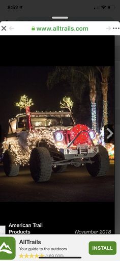 the jeep is decorated with christmas lights and decorations