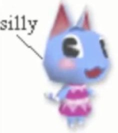 a cartoon character with the word silly on it's chest and an image of a blue cat in a pink dress