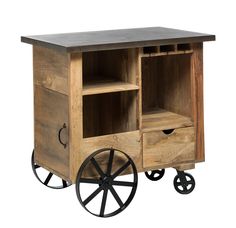 an old fashioned wooden cart with wheels and shelves on the front, isolated against a white background