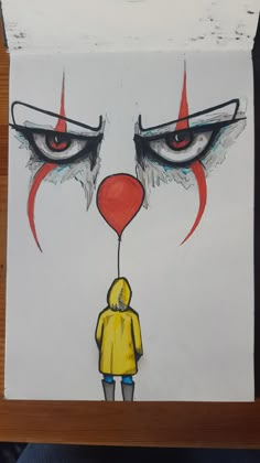 a drawing of a person standing in front of a clown's eye with a red balloon attached to it