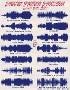 an old poster with different types of sound waves in blue and red on white paper