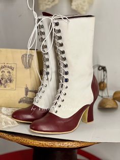 Combination of red burgundy leather + off withe / crem  leather, lined with leather inside I CAN DO THIS COMBINATION OF 2 LEATHERS/FABRICS IN ANY COLOUR YOU WOULD LIKE Order your custom made boots for wider feet , strong calf and narrow feet also. This is an individual boot execution. Beautiful Victorian High Heel Boots . Are issued by limited series. Model inspired from 1900 boot style. You can get remarkable and not expensive handmade boots. The specified sizes are European. Mid calf height: h Victorian Heeled Boots, Red Victorian Boots, Victorian Boots Women, Fantasy Boots, Russian Boots, Boots Wedding, Special Shoes, American Duchess, Victorian Shoes