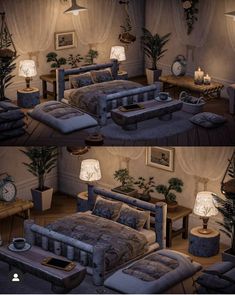 two pictures of a bedroom with furniture and plants