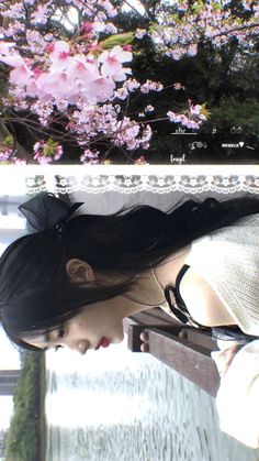 two pictures of a woman with long hair and flowers in the background, one is looking down at her cell phone