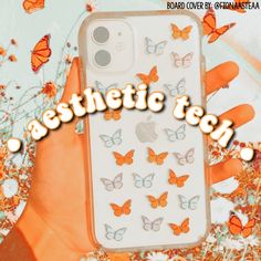 an iphone case with butterflies on it and the words aesthetic tech in front of it