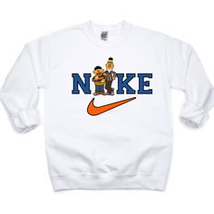 Note This Is Not A Nike Product Custom Made Sweater Heavy Blend Fleece Crew Sweatshirt Is A Comfortable Mix Of 50% Cotton And 50% Polyester. 8 Oz.(Us) 13.3 Oz.(Ca), 50/50 Preshrunk Cotton/Polyester Character Print Crew Neck Top For College, White Sporty Sweatshirt With Cartoon Print, White Casual Sweatshirt For School, Pick A Character, School Sweaters, Vintage Nike Sweater, Cold People, Bert And Ernie, School Sweater