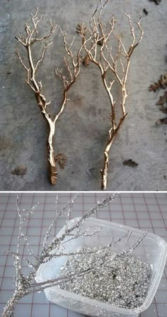 two pictures with different types of tree branches in them, one is gold and the other is silver