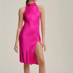 Anthropologie Halter Dress. Never Worn And In Perfect Condition! Chic Pink Silk Midi Dress, Pink Silk Midi Dress For Dinner, Fitted Silk Dresses With Side Slits, Fitted Knee-length Silk Dress For Date Night, Chic Sleeveless Silk Dinner Dress, Elegant Sleeveless Mini Dress With Side Slits, Silk Sheath Midi Dress For Night Out, Silk Sheath Dress For Date Night, Spring Dinner Dress With Side Slits