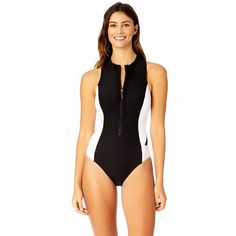 Coppersuit Women's Colorblock Zip Front One Piece Swimsuit - Black, Small Sports Nylon Swimwear With Zipper Closure, Sporty Fitted Swimwear With Zipper Closure, Sporty Stretch Swimwear With Zipper Closure, Black Zipper Closure Swimwear For Beach, Black Stretch Swimwear With Zipper, Nylon Swimwear With Zipper Closure For Summer, Summer Swimwear With Zipper Closure In Nylon, Stretch Nylon Swimwear With Zipper Closure, Stretchable Nylon Swimwear With Zipper Closure