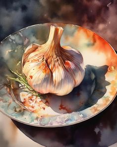 a painting of an onion on a plate