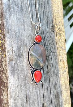 "Gorgeous, one-of-a-kind, big and long, multi gemstone pendant necklace: natural raw/rough Jasper, and red coral, set in 925 sterling silver plated over copper. 16\" inches long 925 solid sterling silver snake chain. Pendant size: 3\" x 1\" inches, approximately." Unique Red Coral Jewelry With Natural Stones, Red Jasper Jewelry With Natural Stones, Unique Red Jasper Jewelry, Unique Red Jasper Necklaces, Red Coral Pendant Jewelry Gift, Red Coral Pendant Jewelry For Gift, Jasper Jewelry With Large Pendant As Gift, Artisan Red Coral Jewelry For Gifts, Artisan Red Coral Jewelry Gift