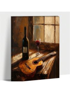 a painting of a guitar and a glass of wine on a table with a window in the background