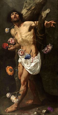 a painting of a man with flowers in his hand