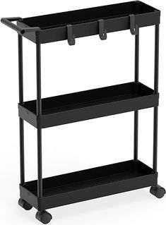 three tiered black plastic shelf with wheels on each side and two open shelves at the top