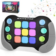 an electronic game pad with music notes coming out of it