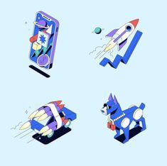 four different illustrations of an airplane, rocket ship, and dog on their own phones