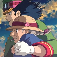 two anime characters with hats on and one is holding the other's arm over his shoulder